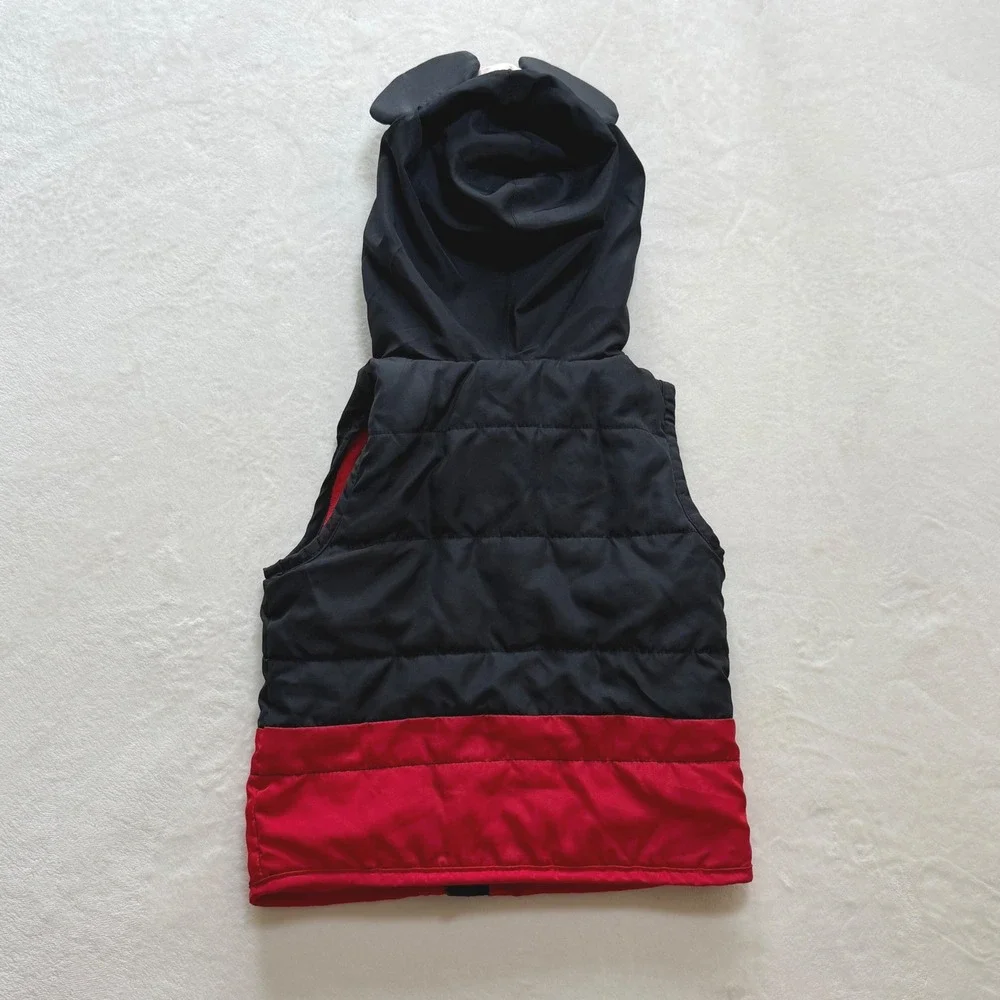 Disney Mickey Mouse Puffer Vest Kids 12M Black Red Hooded 3D Ears Fleece Lined
